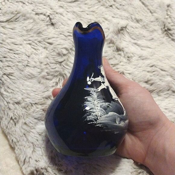 Vintage Set of Two Cobalt Blue Small Mary Gregory Cruets, Ewer Hand Painted Pair - Picture 5 of 15